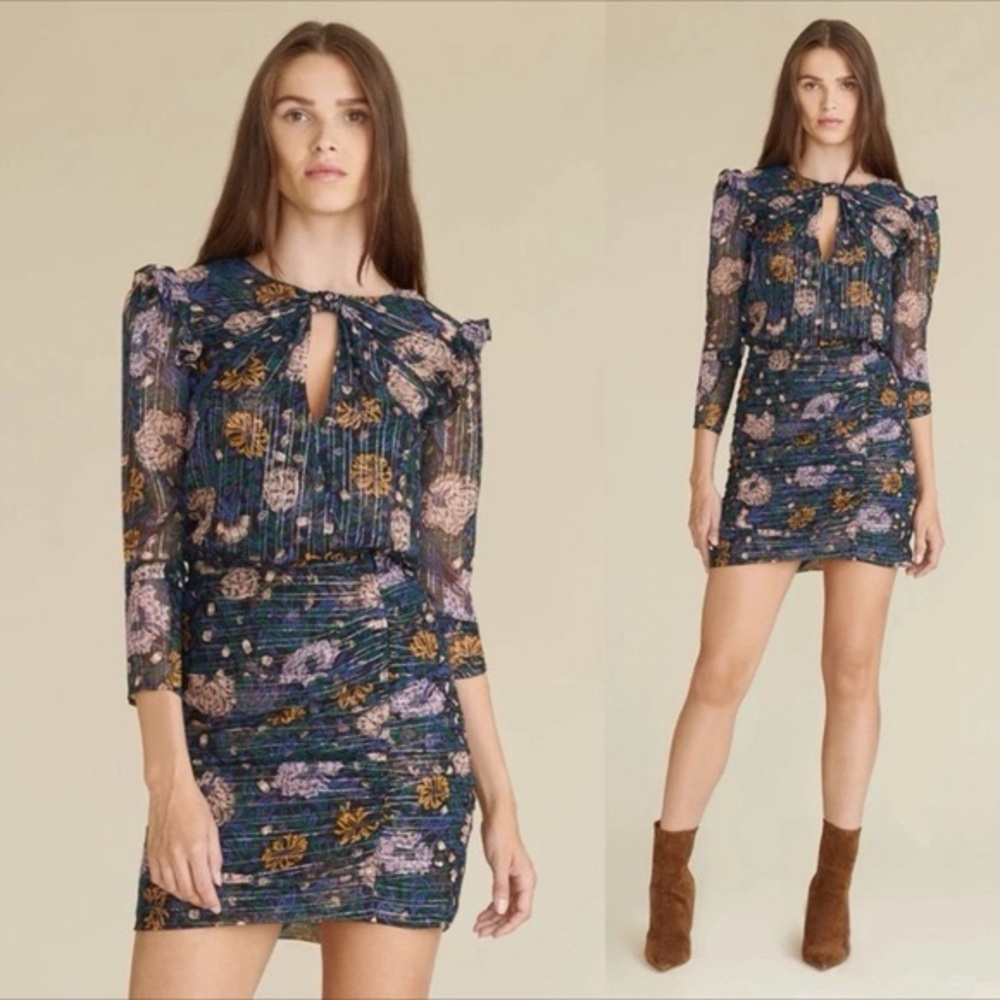 Veronica Beard - Peppa Floral Metallic Silk Ruched Mini Dress Size 2